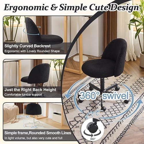 VINGLI Cute Candy Chair Armless Comfy Small Office Desk Vanity Chair with Wheels & Lumbar Support,Teddy Adjustable Rolling Swivel Computer Task Ch for Home Office,Bedroom,Black thumbnail 4
