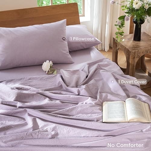 MooMee Bedding Duvet Cover Set 100% Washed Cotton Linen Like Textured Breathable Durable Soft Comfy (Heathered Light Purple, Twin 68"x90") thumbnail 2