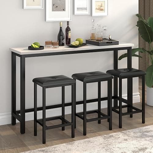 COCLUB Bar Table Set for 3, 60.2” Faux Marble Behind Couch Table Set, Modern Sofa Table with 3 Upholstered PU Stools, Space-Saving Bar Tables and Stools for Home, Apartment, Small Spaces (Black) thumbnail 2