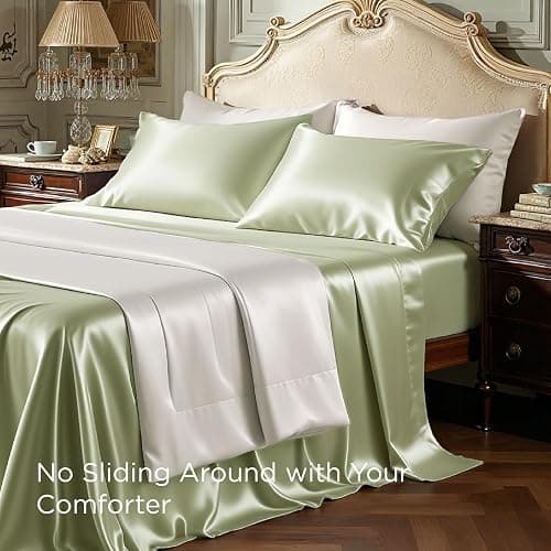 Bedsure Green Satin Sheets Full Size, Soft Silky Bedsheets for Hair & Skin | Similar to Silk Bed Sheets Set 4 Piece with 15 Inches Deep Pocket Fitted Sheet,1 Flat Sheet, 2 Satin Pillowcases thumbnail 6