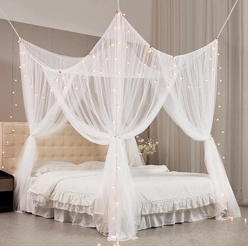 Mengersi Bed Canopy with Lights for Full Queen King Size Bed,4 Corner Post Bed Drapes Canopy for Bed,Canopy Bed Curtains Elegant Bedroom Decoration Accessories(White+Lights) thumbnail 4