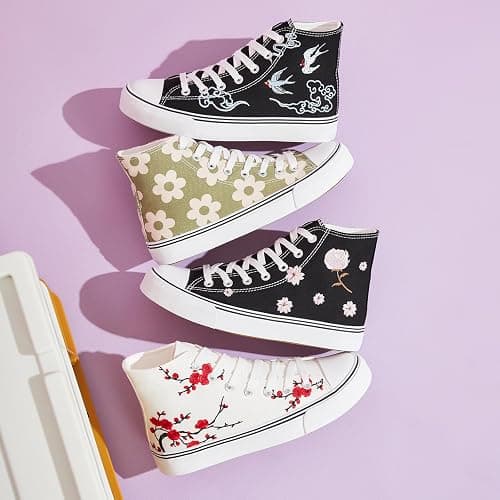 kufeiti Women's High Top Canvas Sneakers Casual Walking Shoes | embroidered,breathable canvas upper,lace up high top,non slip,easy match thumbnail 3