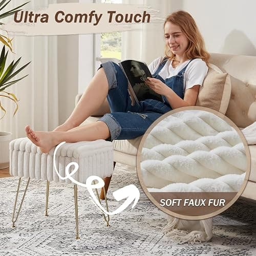 EBENCHICO Vanity Stool Chair with Storage, Faux Fur Stools for Vanity | Makeup Ottoman, Foot Stool, with 4 Metal Legs, Adjustable Feet, Small Vanity Bench, for Living Room Bedroom, White thumbnail 6