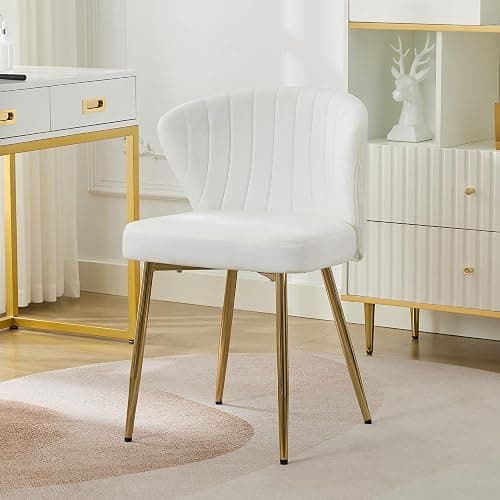 WUTUTUEE Velvet Vanity Chair, Modern Makeup Chair with Back Golden Legs, Small Cute Accent Chair for Vanity, Living Room, Bedroom, White - Image 1