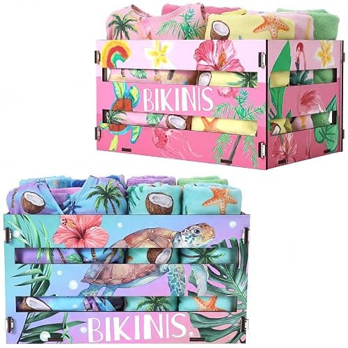 Yinkin 2 Pcs Hawaiian Bikini Wooden Crate, 11.6" x 6.3" x 7.9" Summer Tropical Beach Bikini Storage Box Palm Tree Hibiscus Wood Crates Unassembled Summer Party Supply for Beach Tropical Party Decor - Image 1