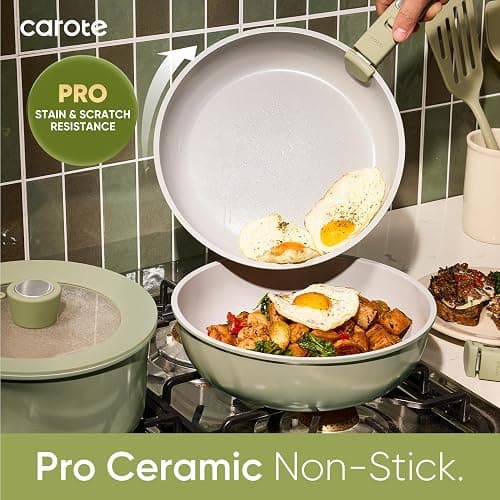CAROTE 27pcs Ceramic Cookware Set Nonstick, Pots and Pans Set Non Stick, Non Toxic Cookware Detachable Handles, Dishwasher/Oven Safe, RV/Camping Cookware, Pan and Pot with Kitchen Utensils, Green thumbnail 4