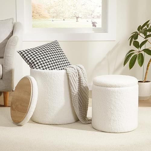 Royal Windsor Boucle Round Ottoman with Storage Set of 2,Small Foot Stool Ottoman for Living Room, Small Coffee Table,Vanity Stool with Storage for Bedroom, White - Image 1