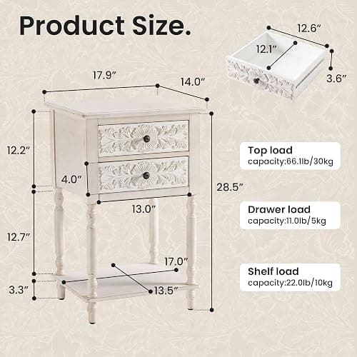 COSIEST Antique White 2-Drawer Nightstand with Open Shelf, 28.5 Inch Tall French Vintage Bedside Table, Hand-Carved Floral End Table for Living Room thumbnail 2