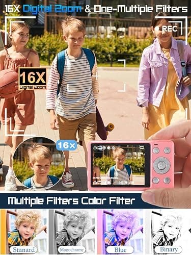 AIRSMIL Digital Camera 4K 64MP 18X Zoom Compact Vlogging Camera with 2.8 inch Screen, 64GB microSD Card 1500mAh Battery HD Digital Video Camera for Boys, Girls, Teens, and Beginners(4K Camera Pink) thumbnail 3