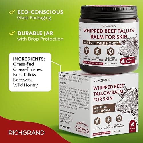 RICHGRAND Beef Tallow for Skin - Whipped Tallow and Honey Balm - Grass Fed Beef Tallow for Face, Daily Moisturizer & Body Butter - Natural Non Comedogenic Skincare (4.3 oz) thumbnail 9