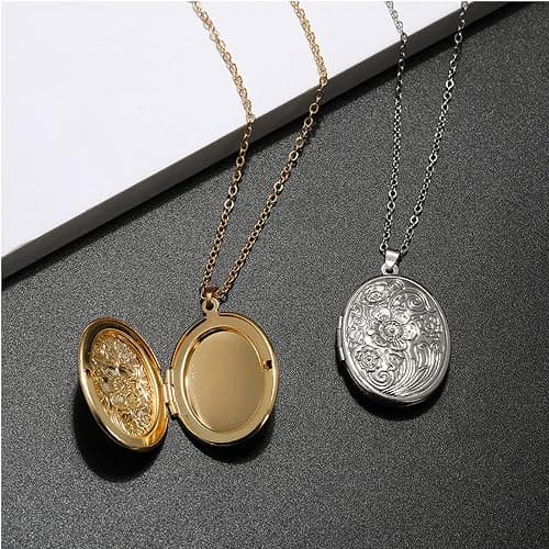 Vintage Engraved Flower Empaistic Photo Locket Hold Picture Oval Round Pendant Necklace Antique Carved Pattern Souvenir Memorial Clavicle Jewelry for Women thumbnail 3