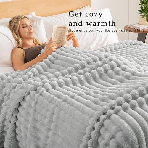 Exclusivo Mezcla Fleece Throw Blanket for Couch, Super Soft Striped Jacquard Bed Blanket, Lightweight Fuzzy Cozy for All Seasons, 50x60 Inches, Light Grey thumbnail 2