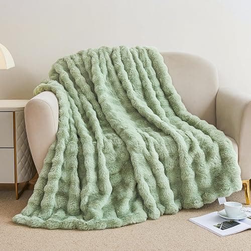 Faux Rabbit Fur Throw Blanket for Couch, Sage Green Throw Blankets 50"x60" | Cozy Reversible Fluffy Throw, Luxury Plush Thick Bubble Blanket, Mothers Gifts for Women, Soft Warm for Bed, Home Decor thumbnail 9