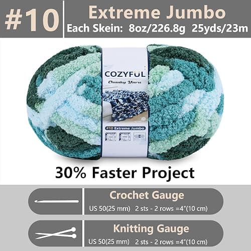 Cozyful Chunky Yarn for Hand Knitting - #10 Chunky Chenille Blanket Yarn, Jumbo Big Thick Chunky Yarns for Crocheting, Tie Dye Bulky Knit Yarns, 8 Skein (25 yds 8 oz Each Skein), Forest&Teal&Sky&Mint thumbnail 3