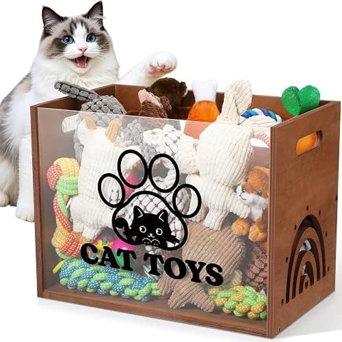 Beeveer Large Cat Toy Basket Cat Toy Box Wooden Storage Bin with Acrylic Board Storage Box for Puppy Toys Pet Food and Accessories Organizer Holder Basket for Living Room Area(Brown, Cat) - Image 1