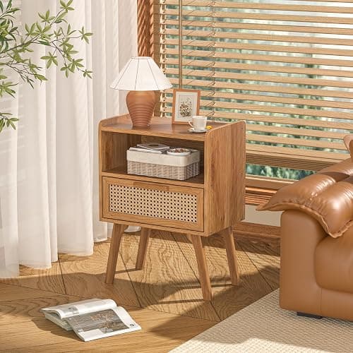 Lerliuo Rattan Nightstand, Side Table with Drawer Open Shelf | Bedside End Table with Solid Wood Legs, Mid Century Modern Night Stand for Bedroom, Dorm and Small Spaces (Tea Brown) thumbnail 5