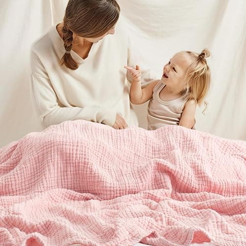 Carriediosa 100% Cotton Muslin Throw Blanket 90" X 90" Queen Size，4-Layers Summer Gauze Throws for Bed Couch，Soft Lightweight Breathable Linen Blankets Bedspread for Adults All Season，Dusty Pink thumbnail 9