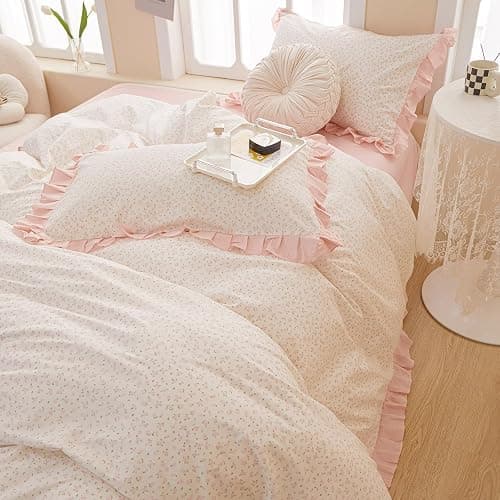 Pink Floral Duvet Cover Full 100% Cotton Ruffle Duvet Cover Girls Princess Lace Bedding Set Botanical Flower Comforter Cover with Zipper Closure Vintage Country Bedding Cottagecore Duvet Cover Set thumbnail 4