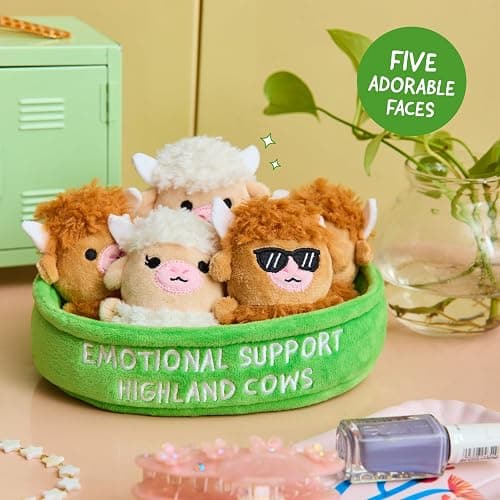 Emotional Support Highland Cows by Relatable, Cuddly Stuffed Animals, Plushies, and Cute Stuff, Great Gift Ideas for Loved Ones of All Ages, Includes 5 Toys with Carrying Basket thumbnail 5