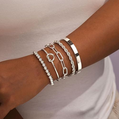 Gokeey Gold Bracelets for Women Non Tarnish, 14K Gold Plated Chunky Cuff Bracelet Gold Bangles Bracelet for Women Trendy Tie Knot Cuban Rope Paperclip Beaded Bracelet Stack Jewelry Gifts thumbnail 3