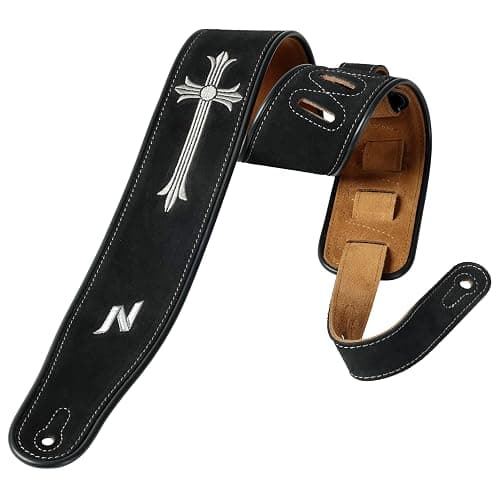Nefelibata Guitar Strap with Crucifixion Embroidery, 2.7" Wide Double Layer Bavarian Tumbled Cowhide Guitar Strap with Foam Padding for Kids, Male and Female, Acoustic, Bass and Electric Guitars - Image 1