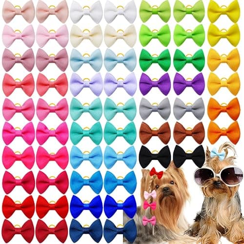 100Pcs(50 Pairs) Soft Dog Bow with Rubber Bands Solid Color Dog Bowknot Hair Bow Handmade Topknot Bows for Doggie Puppy Cat Bunny Yorkie Pet Hair Grooming Bows (Mix-Solid 30 Colors) - Image 1