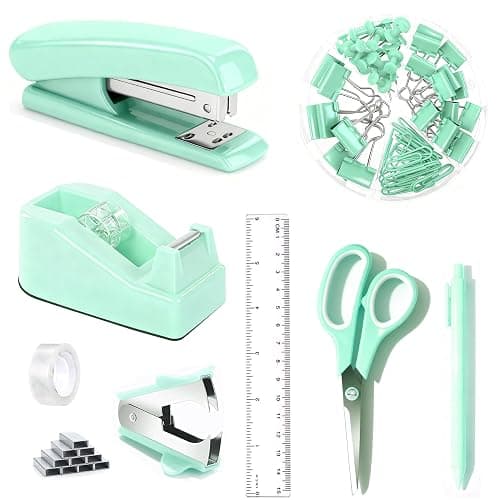 Dimonluce Green Office Supplies, Teal Desk Accessories Accessories with Tape Dispenser, Stapler, Staple Remover, 1000 Staples, Tape, Clips Set, Ruler, Scissor, Pen - Image 1
