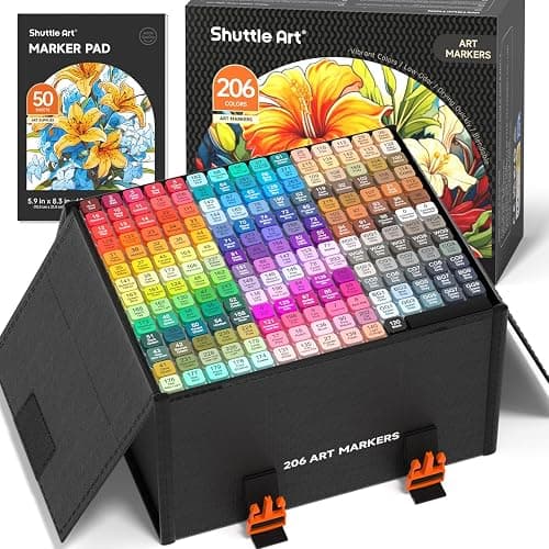 Shuttle Art 206 Colors Alcohol Markers, 204 Colors Dual Tip Art Marker Set Plus 2 Colorless Blender, Micro-tip Pens, White Highlighter Pens, Marker Bag Perfect for Students Adults Coloring - Image 1