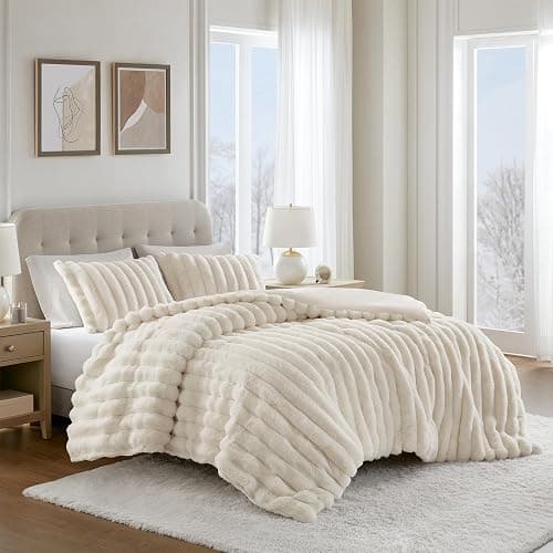 Madison Park Jasmine Luxurious Plush Queen Comforter Set, 3 Piece, Ivory | Soft Faux Fur Ribbed Velvet Bedding Set Full Size for Winter, Reversible, Warm Fuzzy Thick, with Matching Shams thumbnail 3
