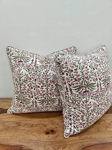 ATOSII Block Print Throw Pillow Covers, 20" X 20" - Set of 2, Decorative Couch Pillows for Living Room Bed Sofa, 100% Cotton Canvas Pillow Case for Home Decor & Outdoors, Preppy Throws - Nargis Pink thumbnail 2
