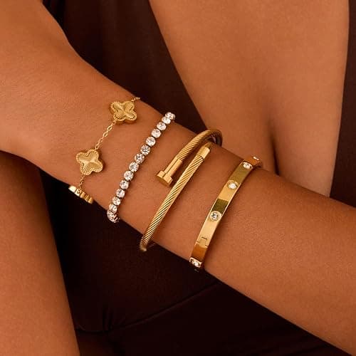 Jzrow 18K Gold Plated Bangle Bracelets Stack for Women,Four Leaf Clover Stackable Bracelets Non Tarnish,4 Pcs Jewelry sets Gifts thumbnail 3
