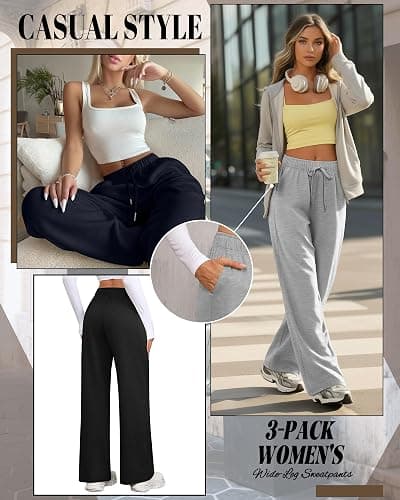 Riyiper 3 Pack Women Wide Leg Sweatpants Drawstring Straight Pants Elastic Waist Joggers Open Bottom Sweatpants with Pockets thumbnail 2