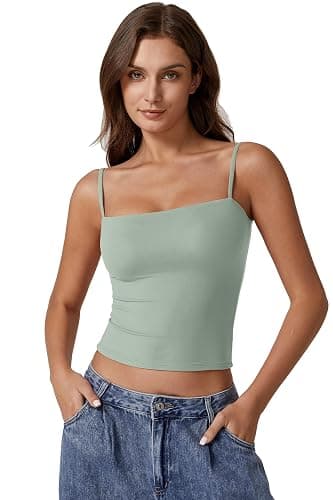 QINSEN Women's Double Lined Basic Tank Top Adjustable Spaghetti Straps Sleeveless Camisole Shirts thumbnail 2