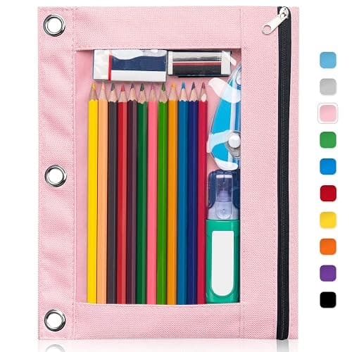 Forvencer Pencil Pouch for 3 Ring Binder, Binder Pencil Case with Smooth Zipper, Clear Window Pencil Case for Binder, Big Capacity 3 Ring Binder Pencil Bag with 3 Reinforced Grommets, Pink - Image 1
