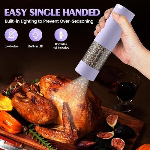 Salt and Pepper Grinder Set Christmas Gifts for Women Automatic Battery Purple Pepper Mill Shakers Kitchen Accessories Cooking for Mom, Adjustable Coarseness Salt Pepper Shakers White Elephant Gift thumbnail 4
