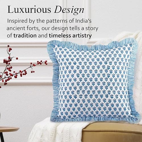 CPC Apatite Blue 100% Cotton Block Print Ruffle Pillow Cover 16X16 inch, Handmade Boho Floral Pillowcase, Farmhouse Cottagecore Bedding, Soft Decorative Cushion Cover for Bedroom Décor thumbnail 4