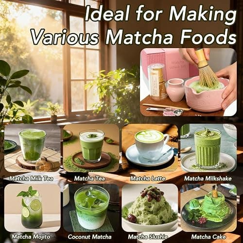 GZIXBDA 8Pcs Matcha Whisk Set, Matcha Set Includes Ceramic Matcha Bowl, Whisk and Holder, Bamboo Scoop, Scoop Rest, Sifter, Measuring Spoons and Tea Towel Tea Kit Gift Set for Women (Pink) thumbnail 9