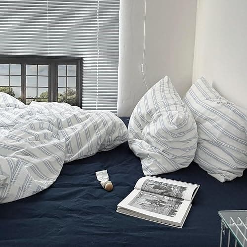 mixinni Vintage Light Blue & White Striped Comforter Set Twin XL Size - Soft Washed Cotton 3-Piece Bedding Set (1 Comforter + 2 Pillowcases), Retro Geometric Pattern, All-Season Breathable & Fluffy thumbnail 6
