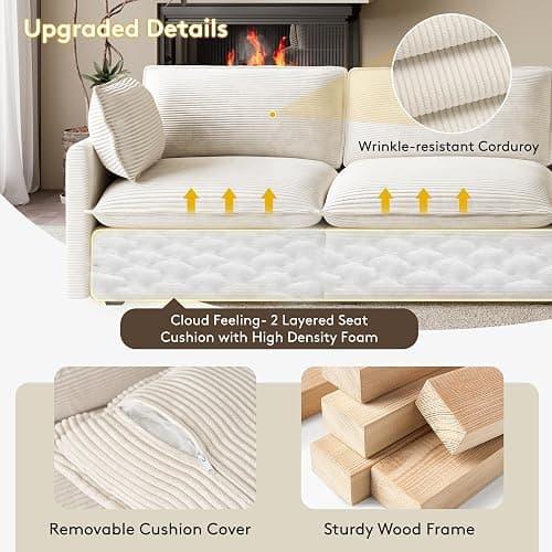 ROWHY 104'' Modular Sectional Cloud Couch with Movable Ottoman, 4 Seat Modern Corduroy Sofa, Deep Seat L Shaped Couch for Living Room Bedroom Apartment, Beige thumbnail 5