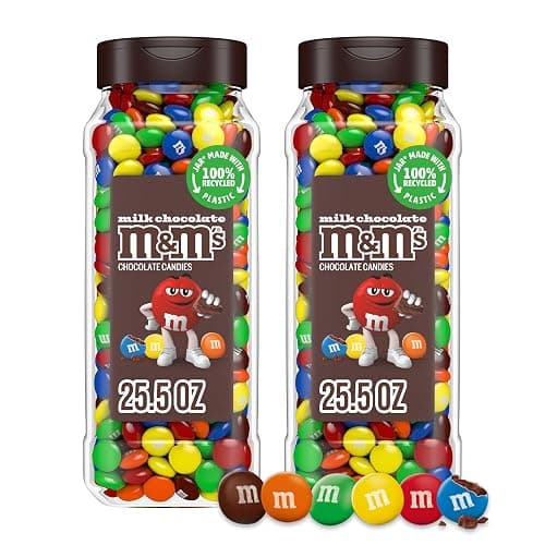 M&M'S Milk Chocolate Candy, Resealable Jars, Party Size, 25.5 oz, 2 Pack | Colorful milk chocolate candies in resealable jars for easy pour for sharing, movie night snacks, candy buffets, party, gifts - Image 1