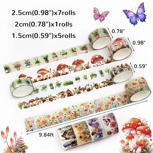 KOVANO Washi Tape Set 13 Rolls - Mushroom Butterfly Floral Decorative Tape, Colored Masking Tape for Scrapbooking Supplies, Bullet Journal Supplies, Junk Journal, DIY Crafts Art thumbnail 3
