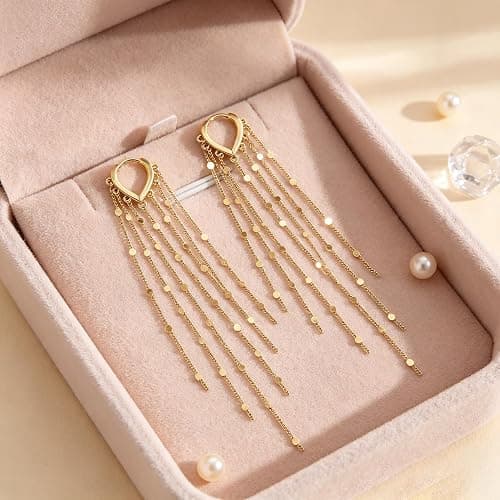 Gold Dangle Earrings for Women 14K Plated Long Tassel Earring | Gold Chain Dangling Earrings Trendy Drop Prom Earring Lightweight Statement Earrings Party Jewelry thumbnail 6