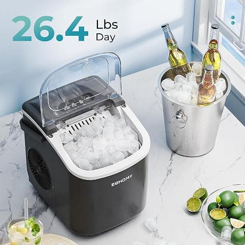 EUHOMY Countertop Ice Maker Machine with Handle, 26.4lbs Per Day, 9 Ice Cubes Ready in 6 Mins, Auto-Cleaning Portable Ice Maker with Basket and Scoop, for Home/Kitchen/Camping/RV (Black) thumbnail 3