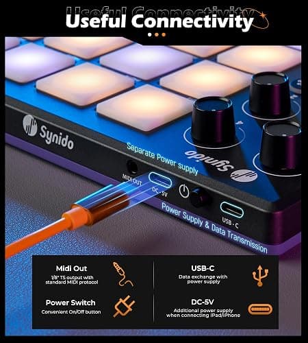 Synido TempoPAD Midi Controller Beat Maker Machine for Music Production, Portable USB MIDI Beat Pad Controller for Beginners with Durable Carrying Bag, 16 Backlit Beat Pad, 4 Assignable Knob thumbnail 5