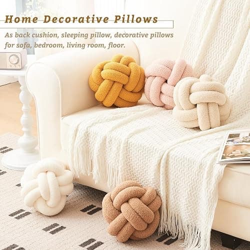 Lokaluo Knot Pillows Ball Decorative Throw Pillows for Couch Bed Sofa Living Room 2 Cord Aesthetic Round Cute Plush Pillows Home Decor,woolwhite 11inch thumbnail 4