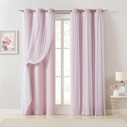 Bujasso Pink Blackout Curtains with Sheer Overlay Mix and Match Double Layer 80% Room Darkening Window Treatment Set for Girls Bedroom Living Room Pink Drapes with Tiebacks Grommet Top 37" Wx84 Lx2 - Image 1