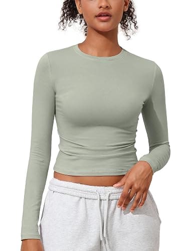 PrettyGuide Womens Cotton Long Sleeve Shirts Tight Fit Basic Y2K Crop Tops | Crew Neck Basic Tee, Fitted Going Out Tops, Compression Underscrubs Shirt, Layering Undershirt, Fall Outfits, Work Daily Wear thumbnail 7