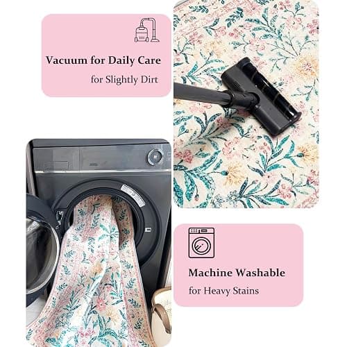 LKTRYFAM Machine Washable Floral Rugs for Living Room 3x5 Area Rugs, Vintage Non Slip Bedroom Rugs Ultra-Thin Soft Rug, Boho Low-Pile Throw Rug Stain Resistant Carpet for Girls Room Dorm (3x5ft,Pink) thumbnail 6