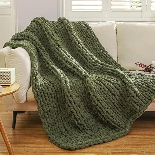 WESHIONGOO Chunky Knit Blanket Throw 51"×63" Knitted Throw Blankets for Couch Bed Fluffy Soft Blanket with Jumbo Chenille Yarn Thick 100% Handmade (Olive Green) - Image 1