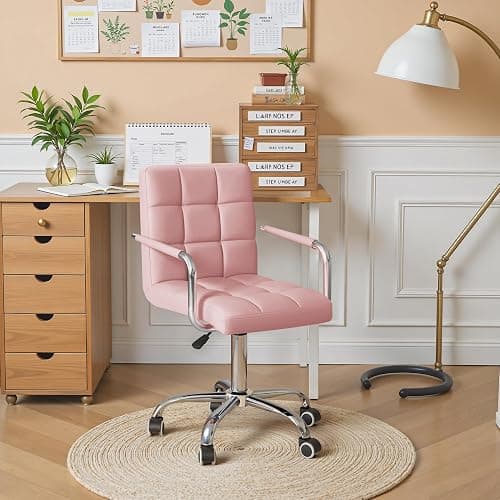 Furmax Mid-Back Office Task Chair Ribbed PU Leather Executive Chair Modern Adjustable Home Desk Retro Comfortable Work Chair 360 Degree Swivel with Arms (Light Pink) thumbnail 5
